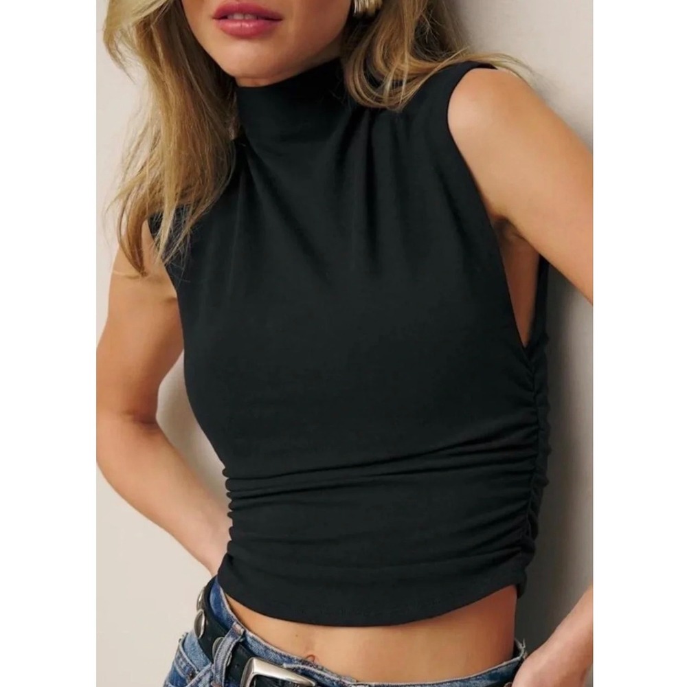 Reformation Black Mock Neck Ruched Sleeveless Top Size M Organic Cotton Stretch